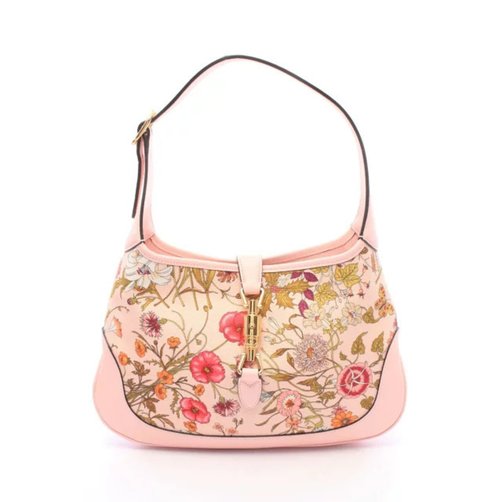 Gucci Jackie Flora Flower Canvas Leather Multicolor Shoulder Bag Pink
